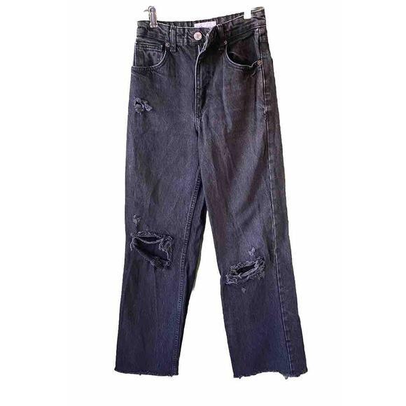 Zara Jeans Womens Sz 2 High Rise Black Distressed Wide Leg Denim Raw Hem Thrash - Picture 1 of 10